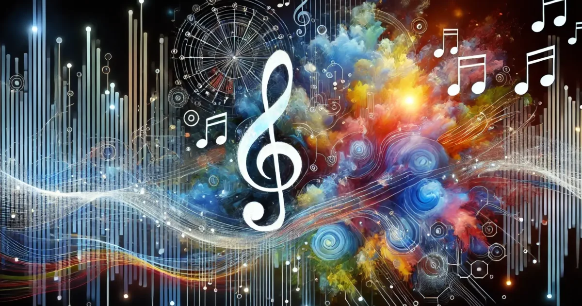 Representação visual de Inteligência Artificial na criação de arte e música.