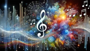 Representação visual de Inteligência Artificial na criação de arte e música.