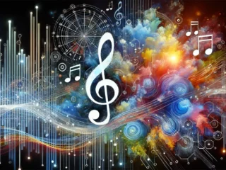 Representação visual de Inteligência Artificial na criação de arte e música.